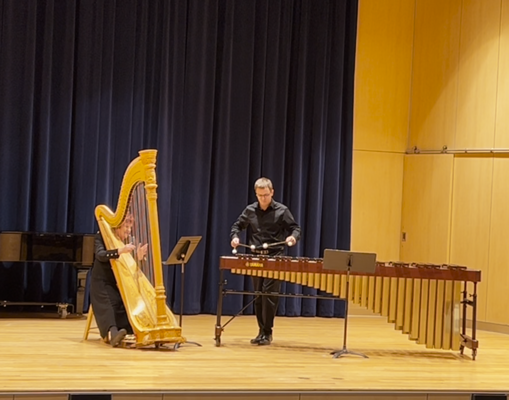 Anna Vorhes (harp) and Aidan Christensen (marimba) perform a chamber work by Nathan Daughtrey.